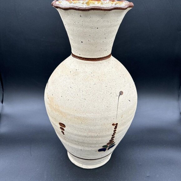 Vtg Tonala Mexican Pottery Vase Owl Floral Sandstone Folk Art Mexico Signed Lrg - Picture 5 of 9